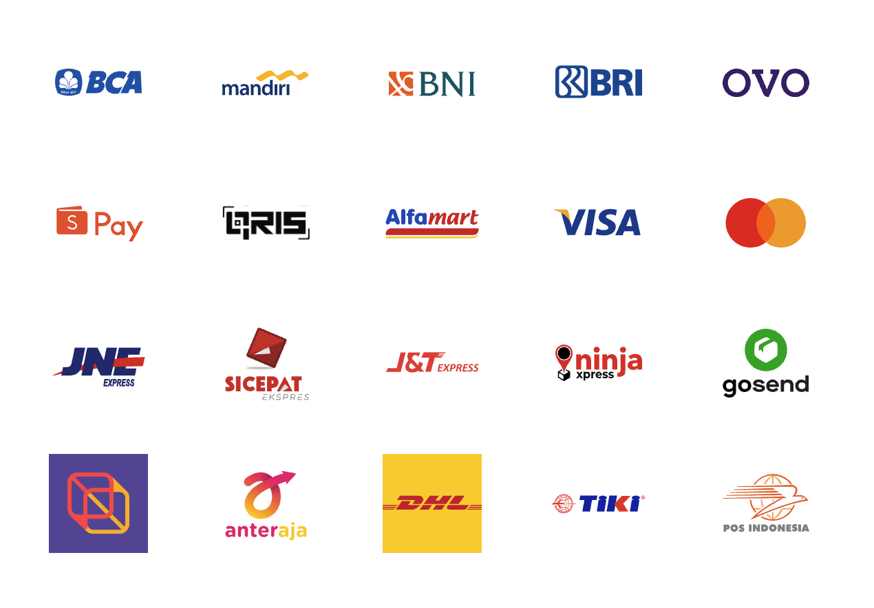 Sistem pembayaran dan pengiriman yang didukung - BCA, Mandiri, BNI, BRI, OVO, ShopeePay, QRIS, Alfamart, VISA, Mastercard, JNE, SiCepat, J&T Express, Ninja Express, Gosend, REX, Anteraja, DHL, TIKI, Pos Indonesia